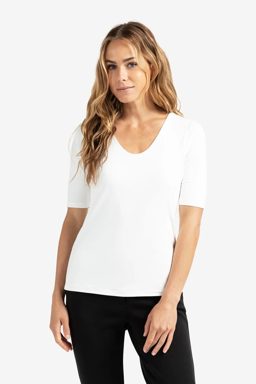 Yaya Round V-neck top Off White