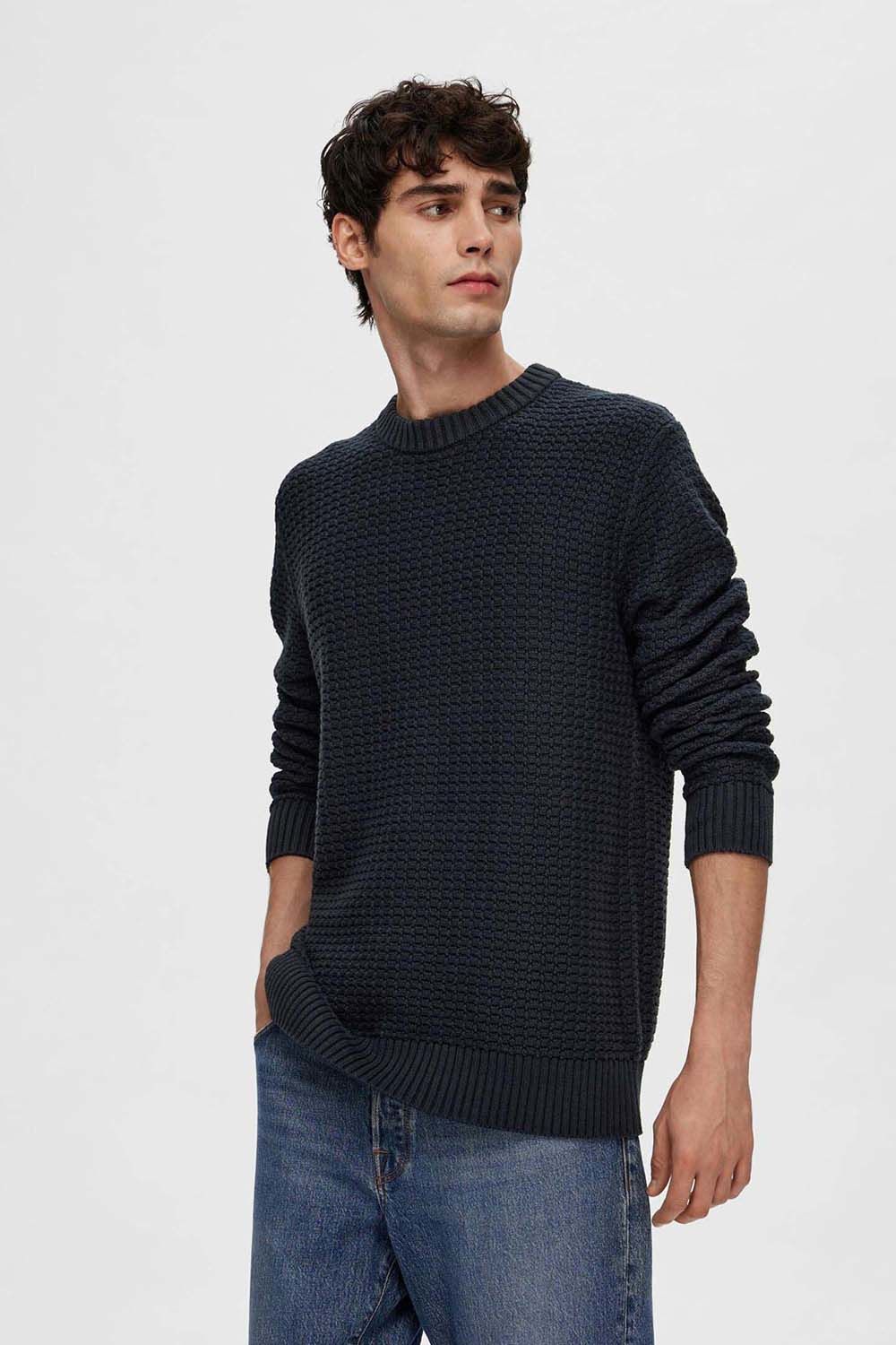 Selected Homme slhthim ls knit strip crew Blauw