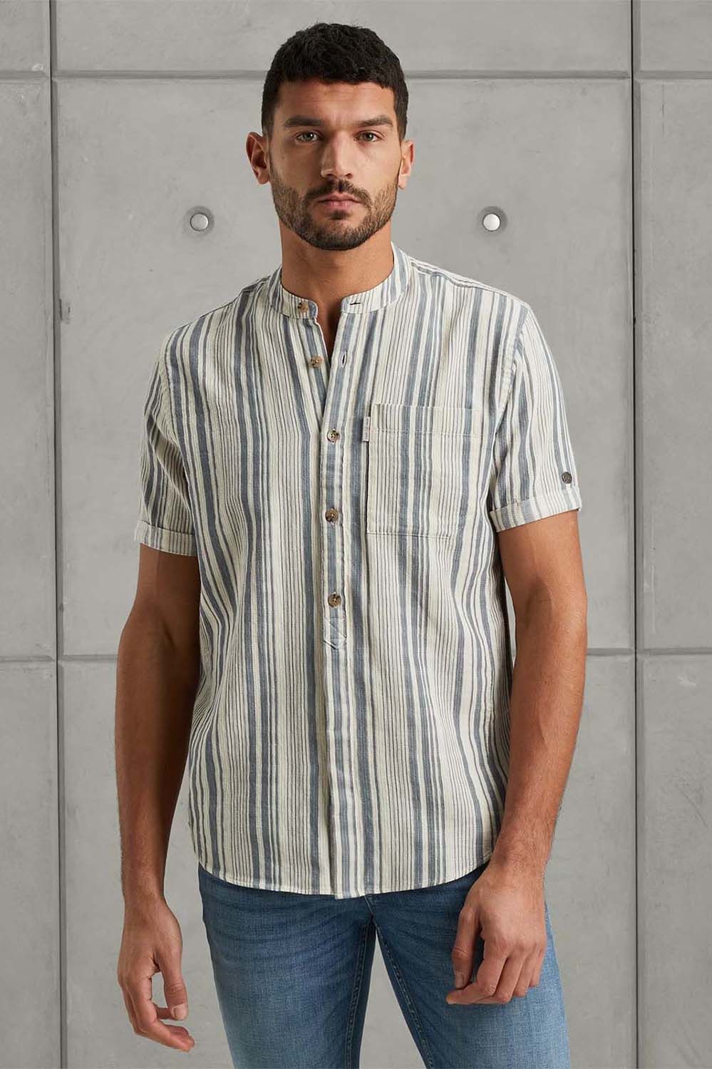 Cast Iron Short Sleeve Shirt Stripe Structur Grijs