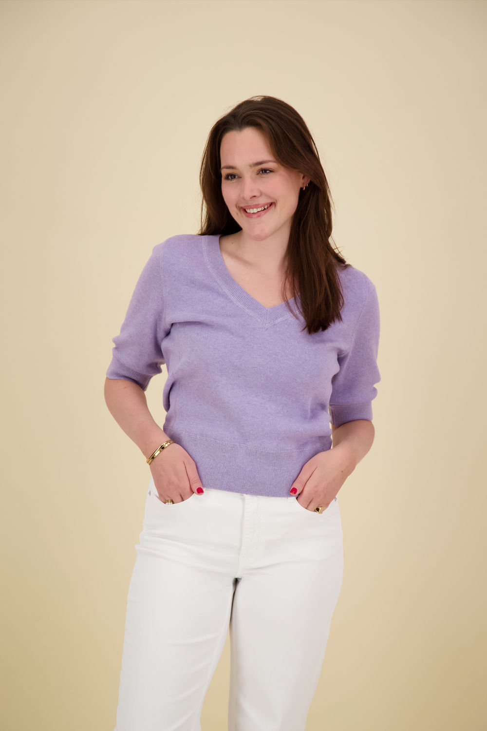 Yaya V-neck sweater with stitch det Paars