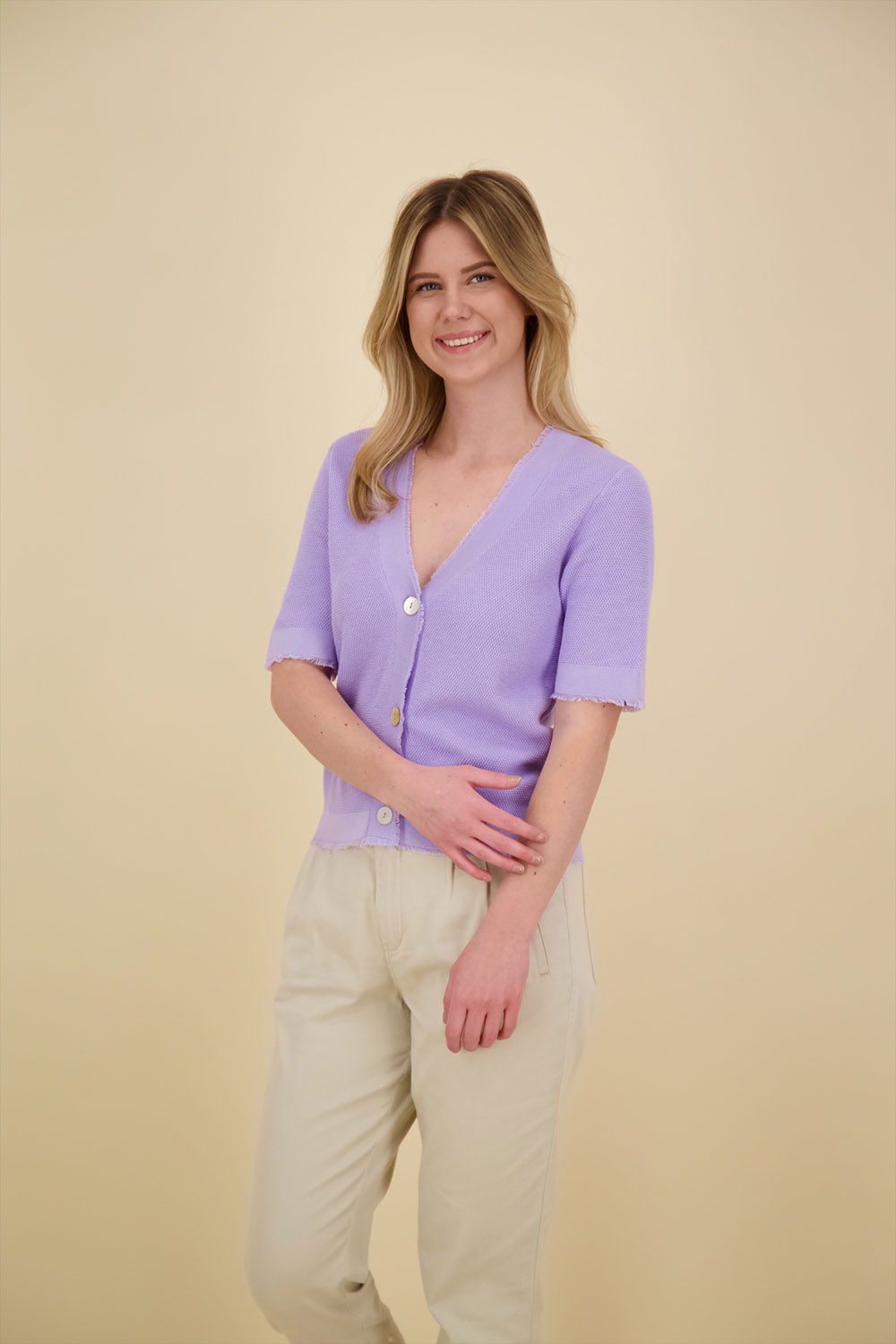 Yaya Textured cardigan with fringes Paars