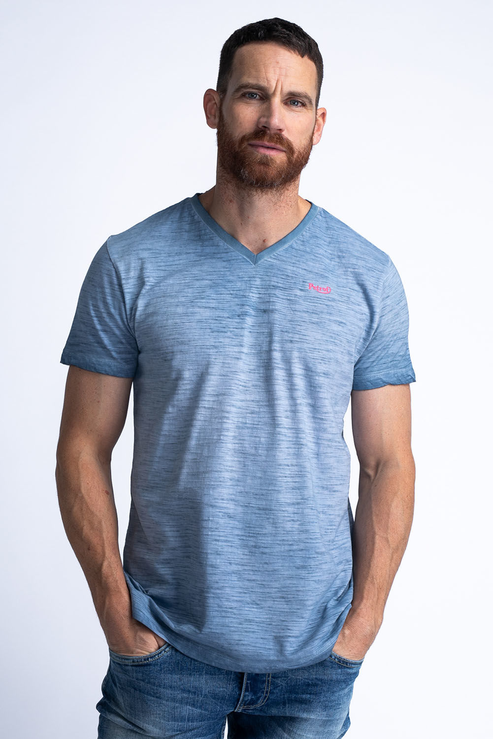 Petrol T-Shirt V-Neck Blauw