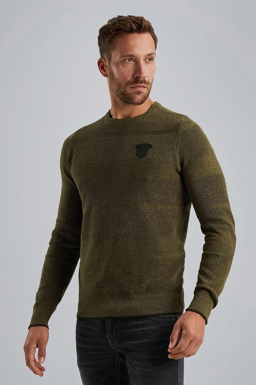 Pme Legend R neck cotton structure knit Groen Pullovers Gratis bezorging Bomont