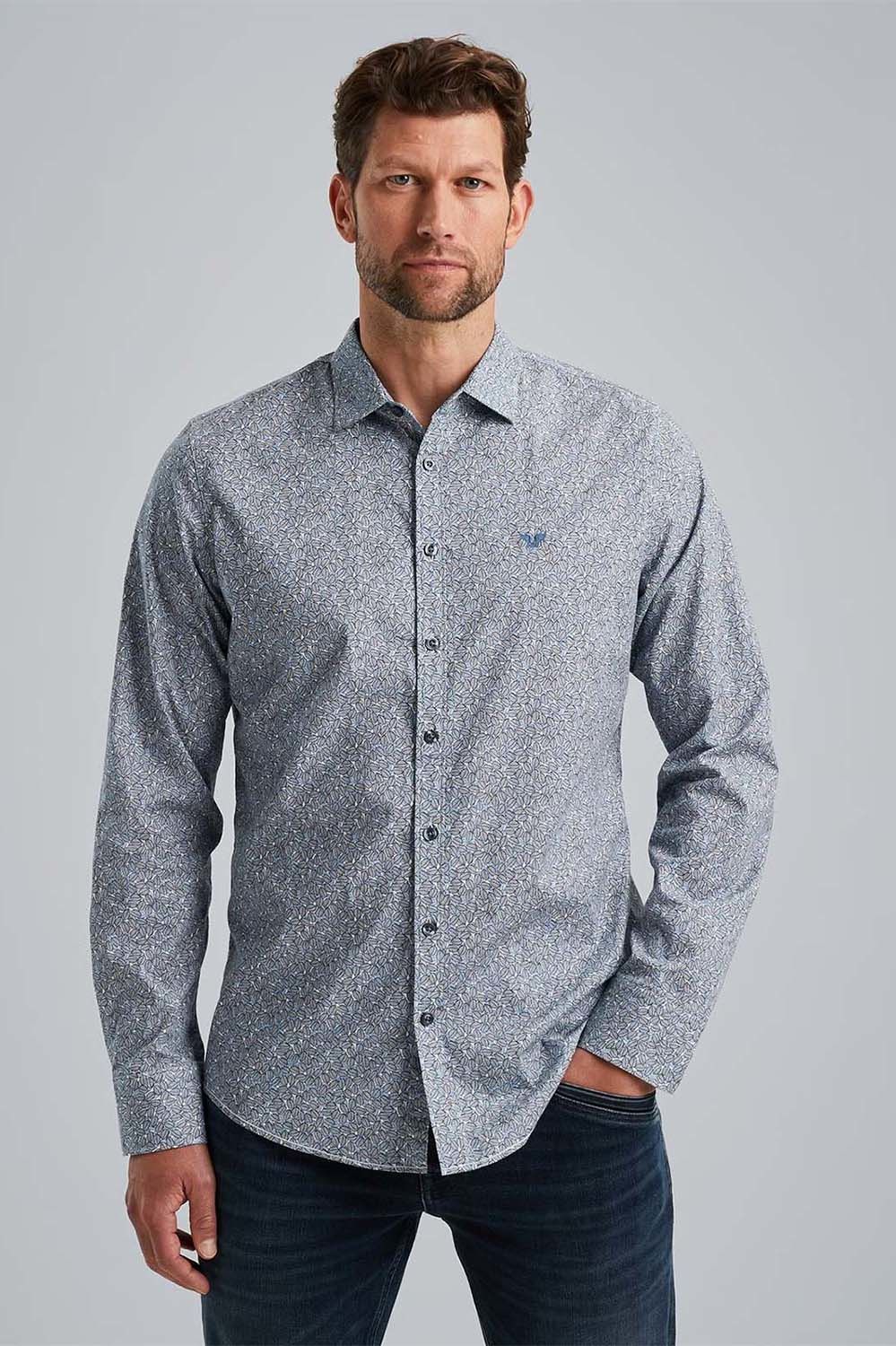 Pme Legend Long Sleeve Shirt Print on Poplin Wit Lange mouw Gratis bezorging Bomont