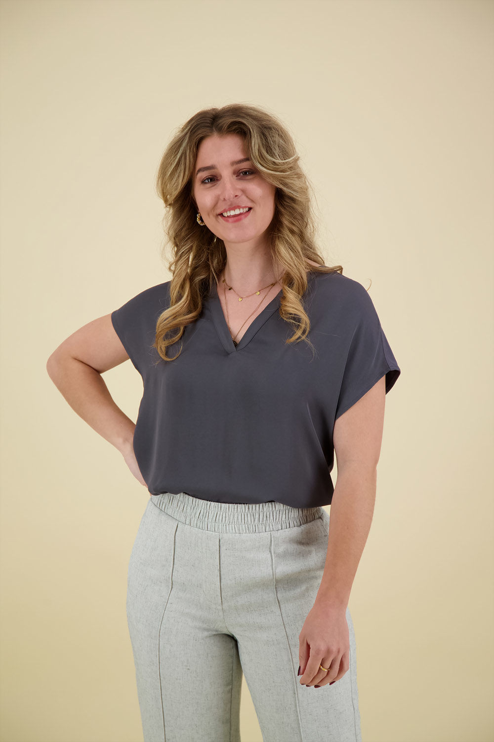 Yaya Fabric mix top Grijs