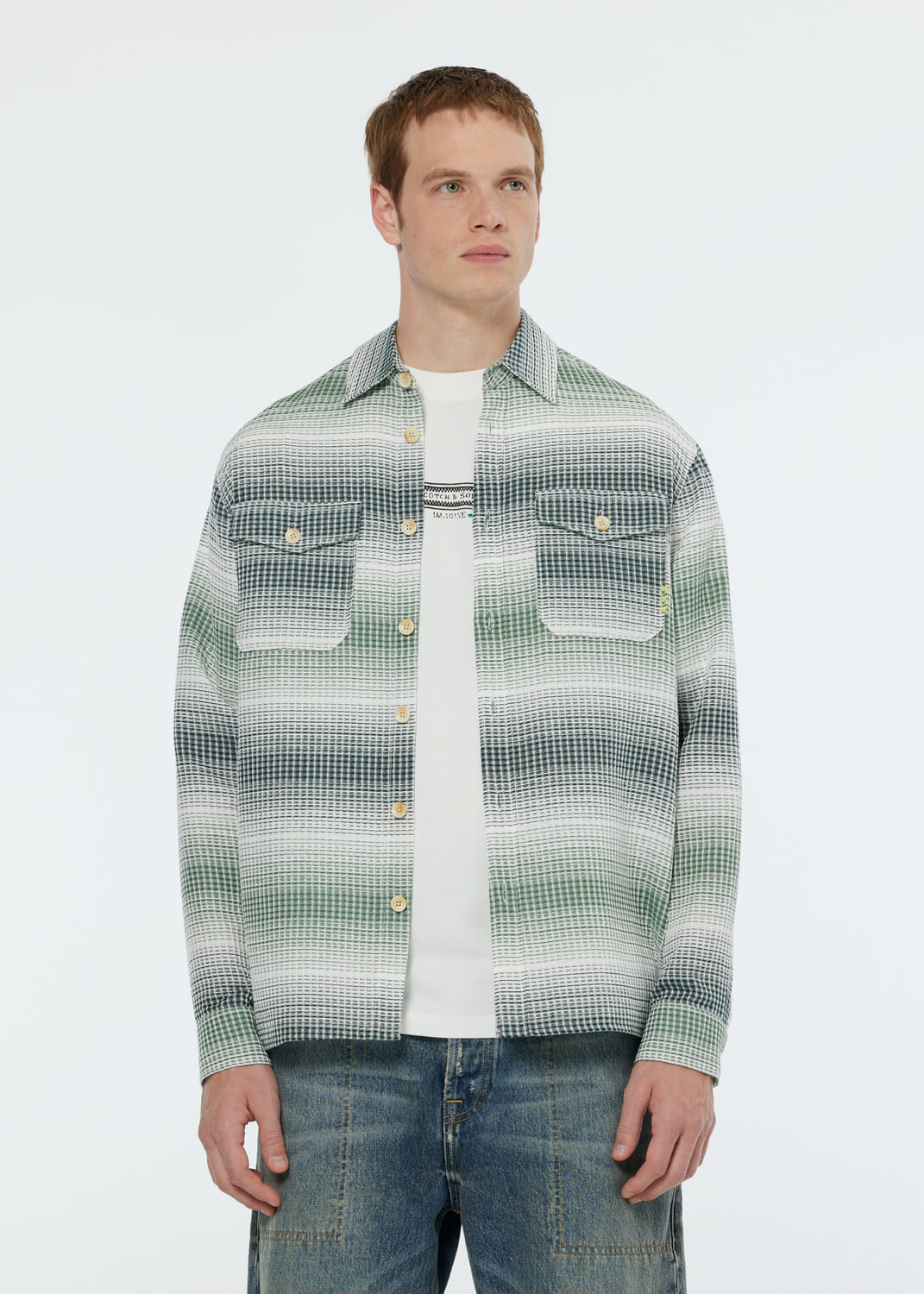 Scotch & Soda Overshirt Stripe Waffle Groen