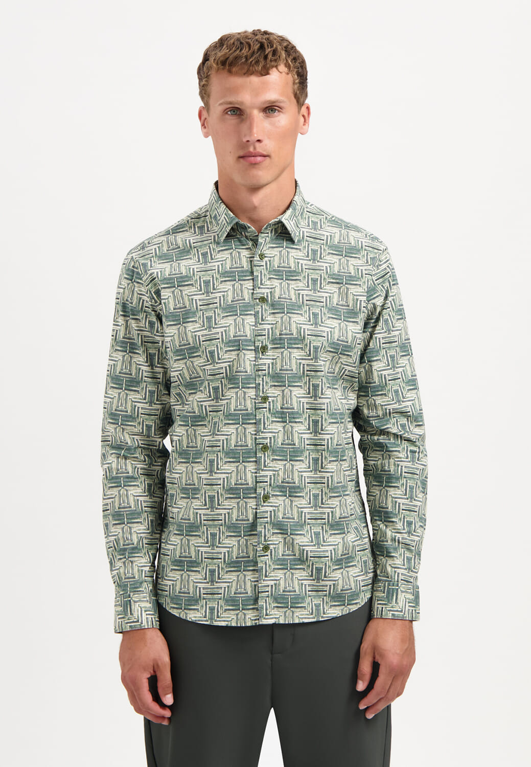No Excess Overhemd Allover Printed Stretch Regular Groen