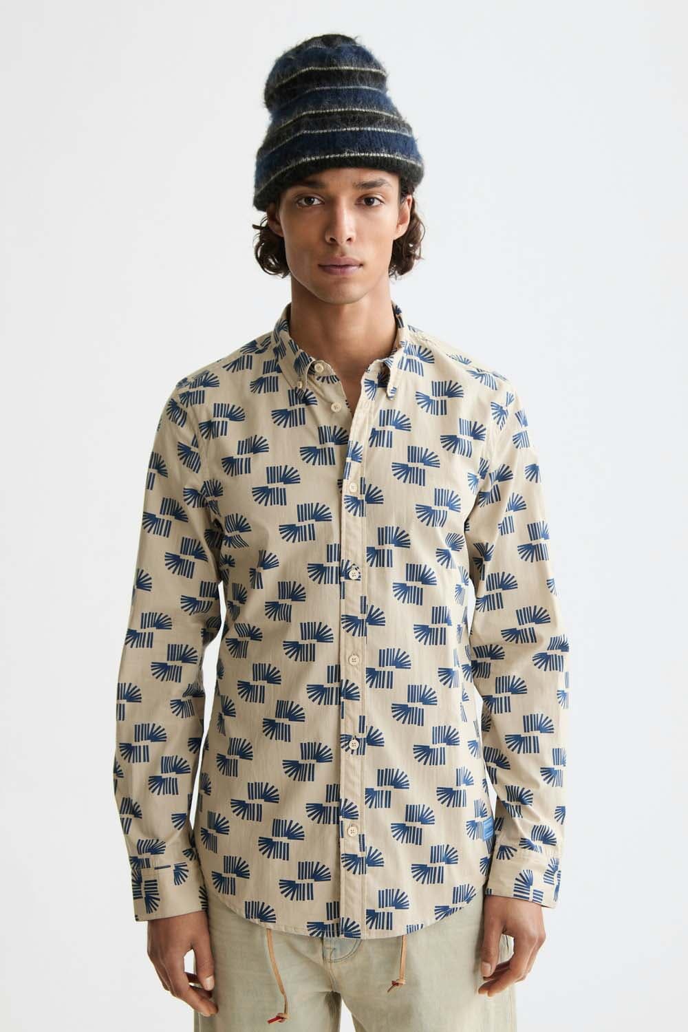 Scotch & Soda Overhemd All-over Print Slimfit Beige