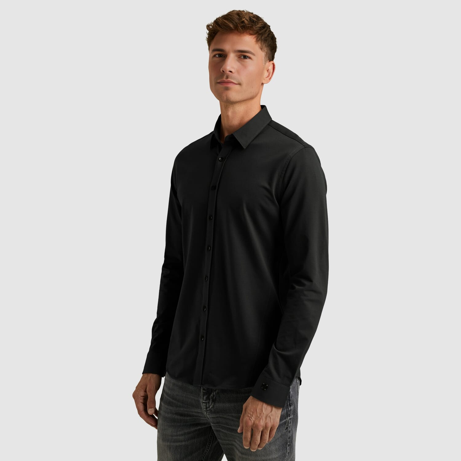 Cast Iron Overhemd Twill Jersey Zwart