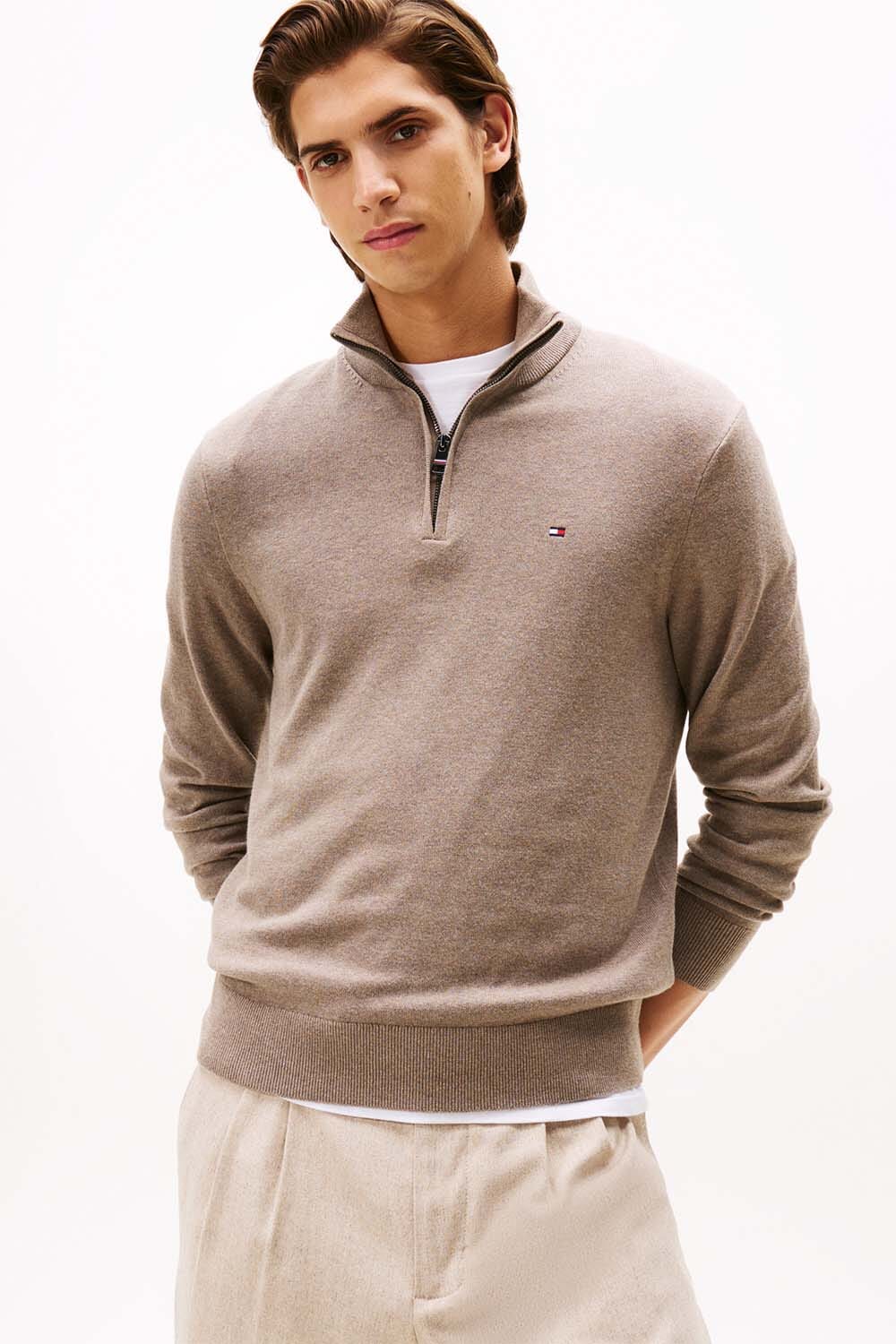 Tommy Hilfiger Gebreide Zip-Trui Pima  Taupe