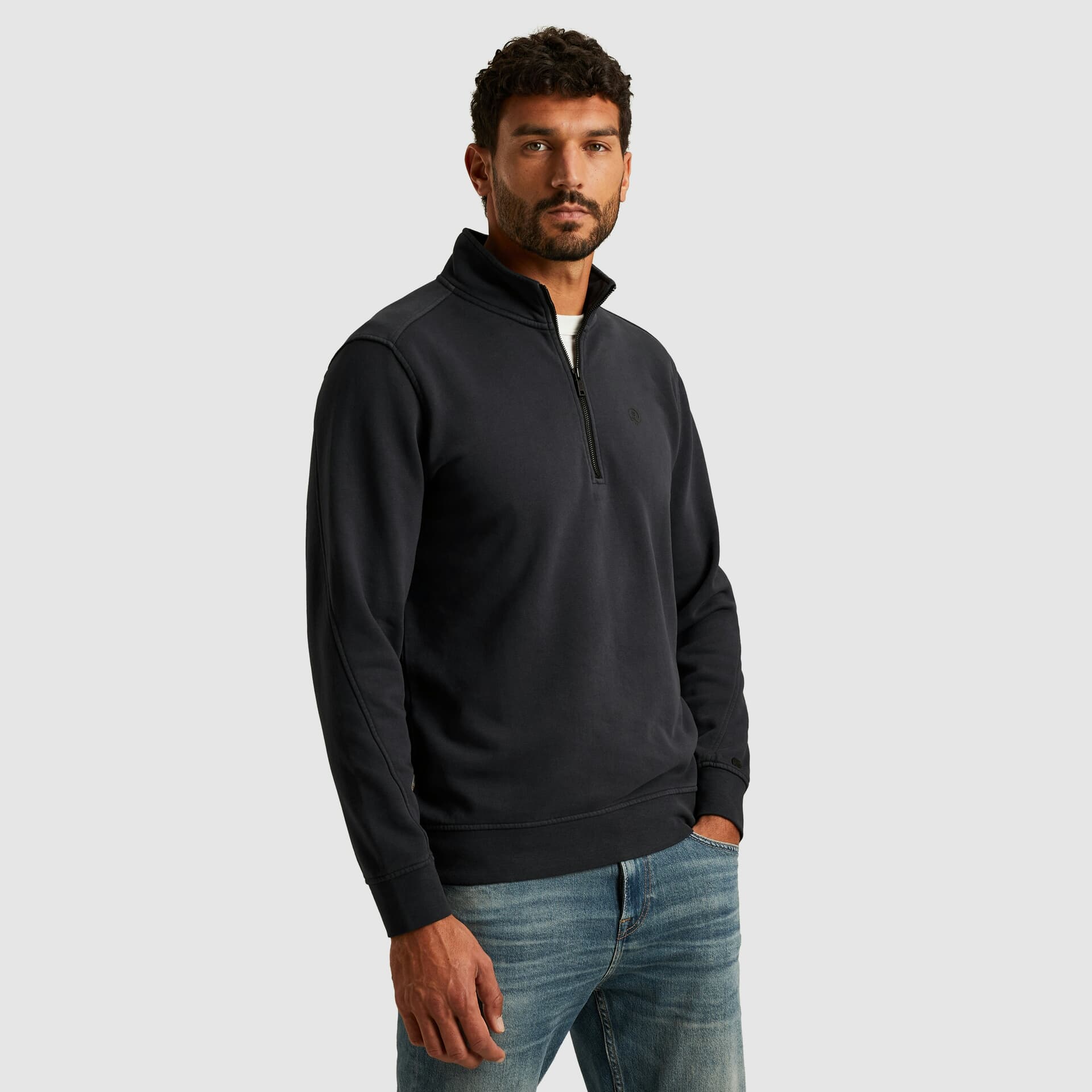 Cast Iron Zip-sweater met garment-dye wassing Navy