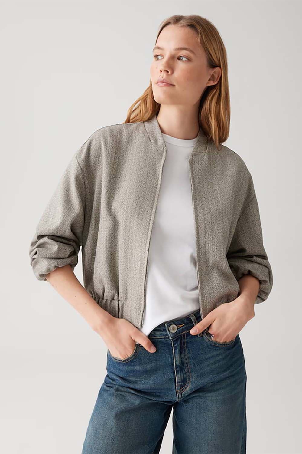 Opus Blouson Jalea herringbone in visgraatmotief Beige
