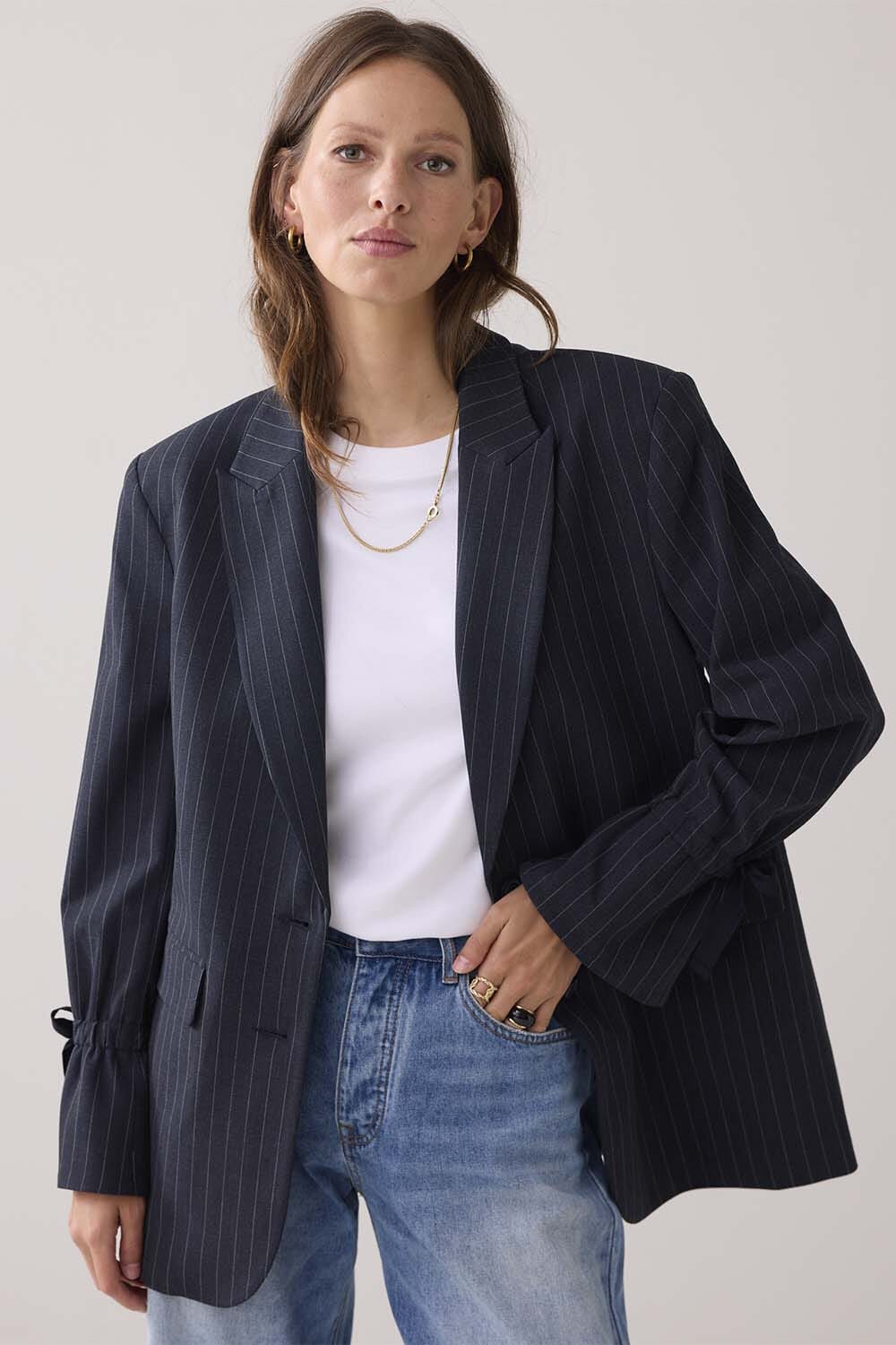 Summum Blazer Boyfriend Pinstripe Blauw