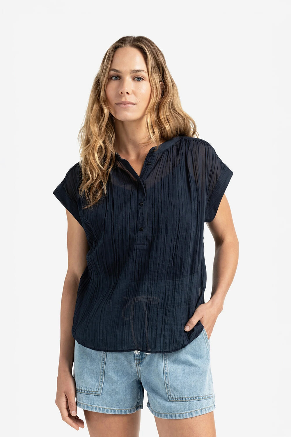 Yaya Blouse Flowy with polo collar Blauw
