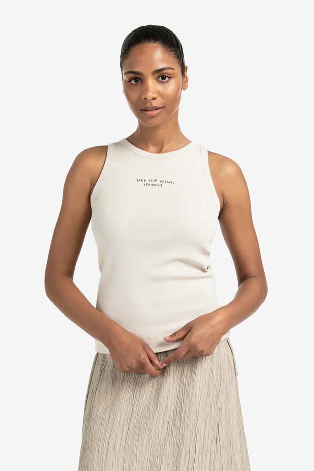 Yaya Geribd singlet met subtiele tekst Beige