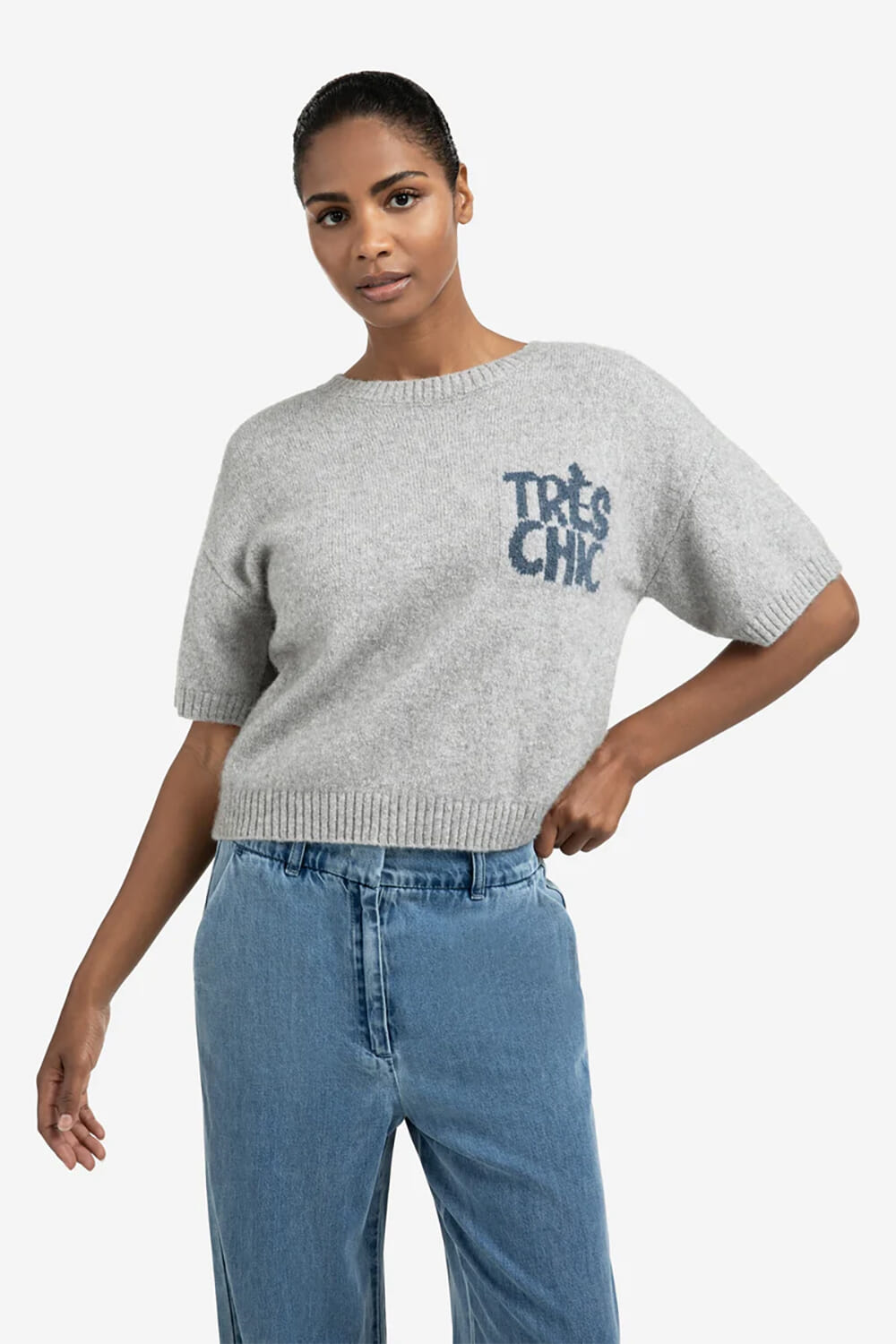 Yaya Short sleeve sweater with artw Grijs