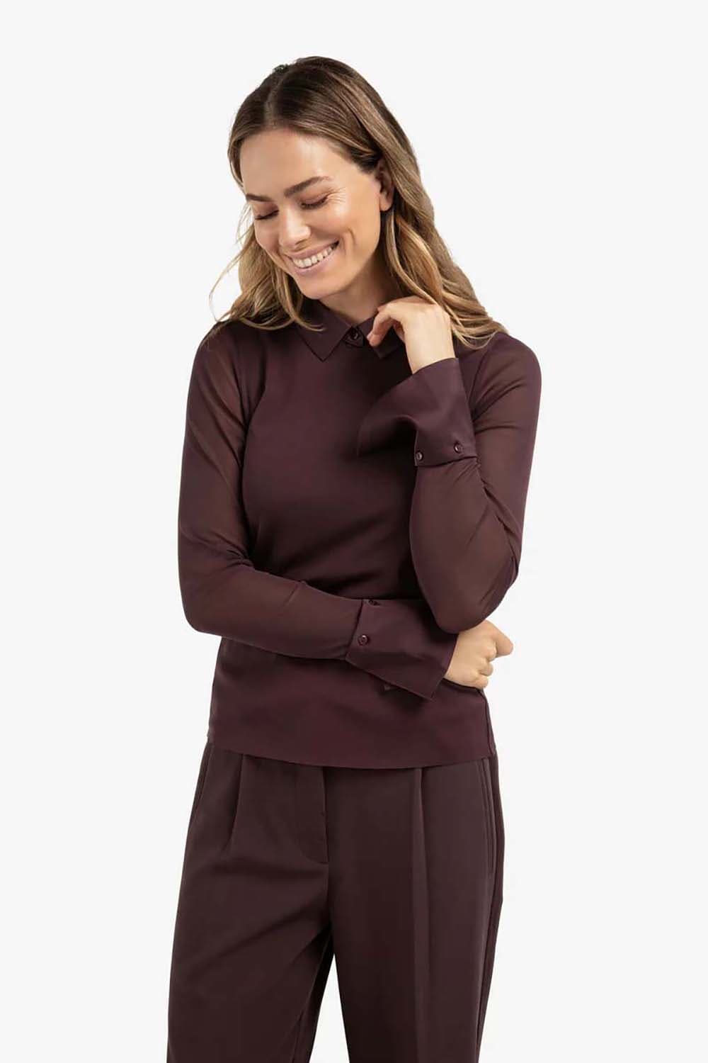 Yaya Mesh top with removable collar Paars