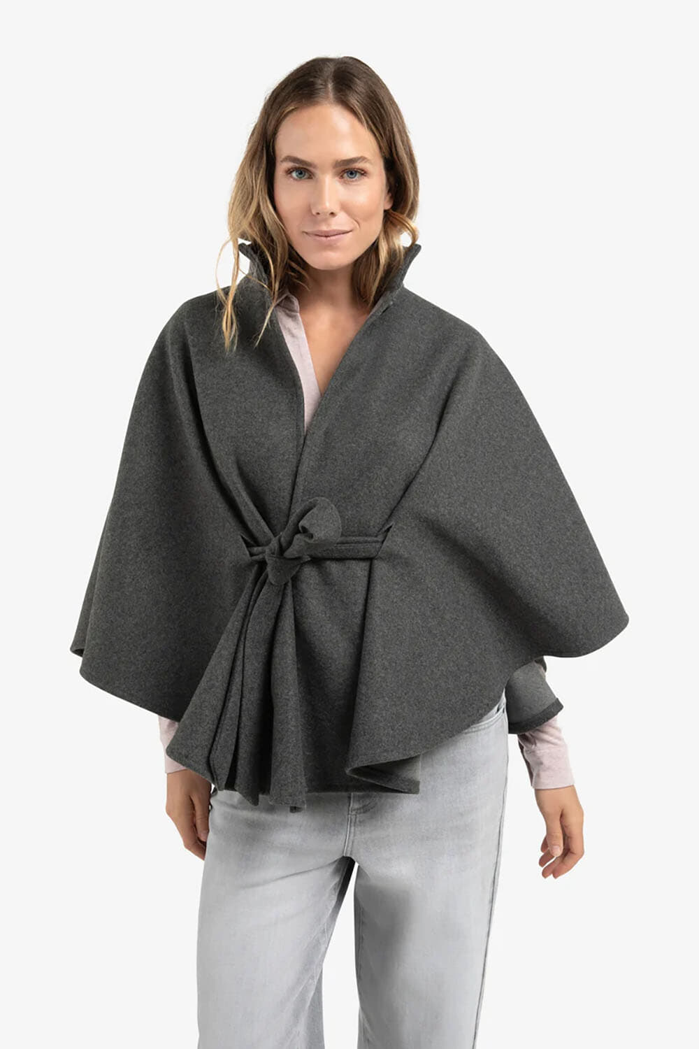 Yaya Soft woven poncho with collar Grijs