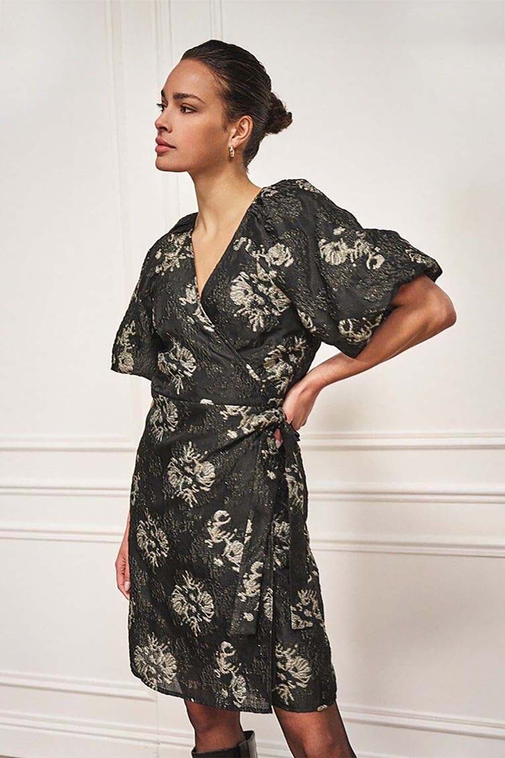 Esqualo Jurk Jacquard Puff Mouw Zwart