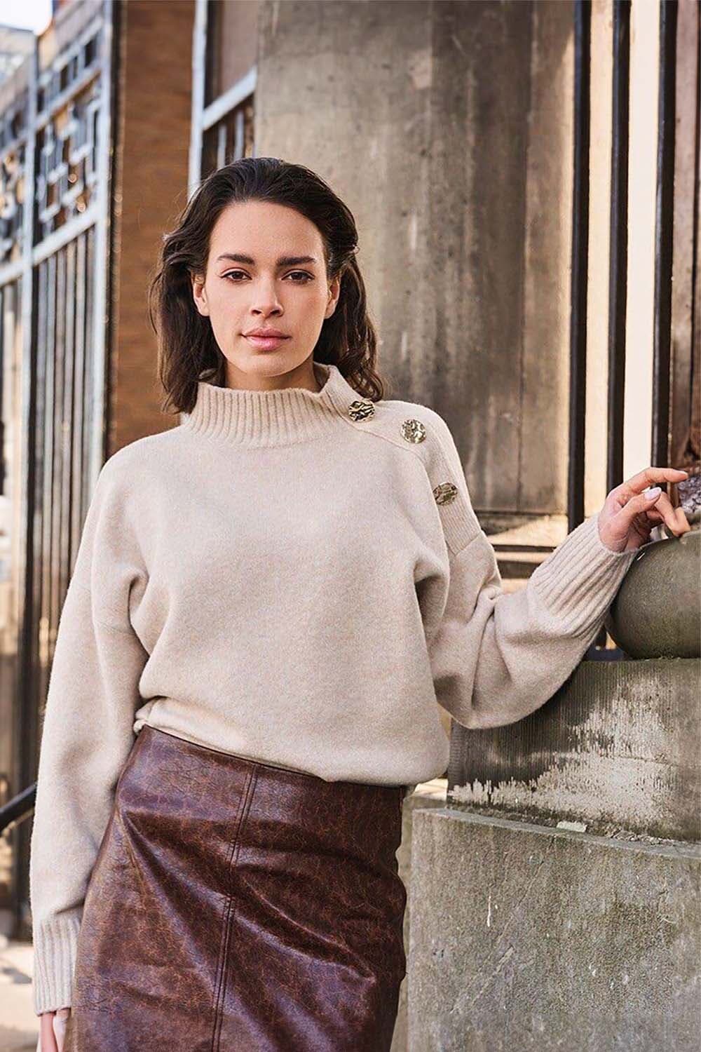 Esqualo Sweater Shoulder Buttons Beige