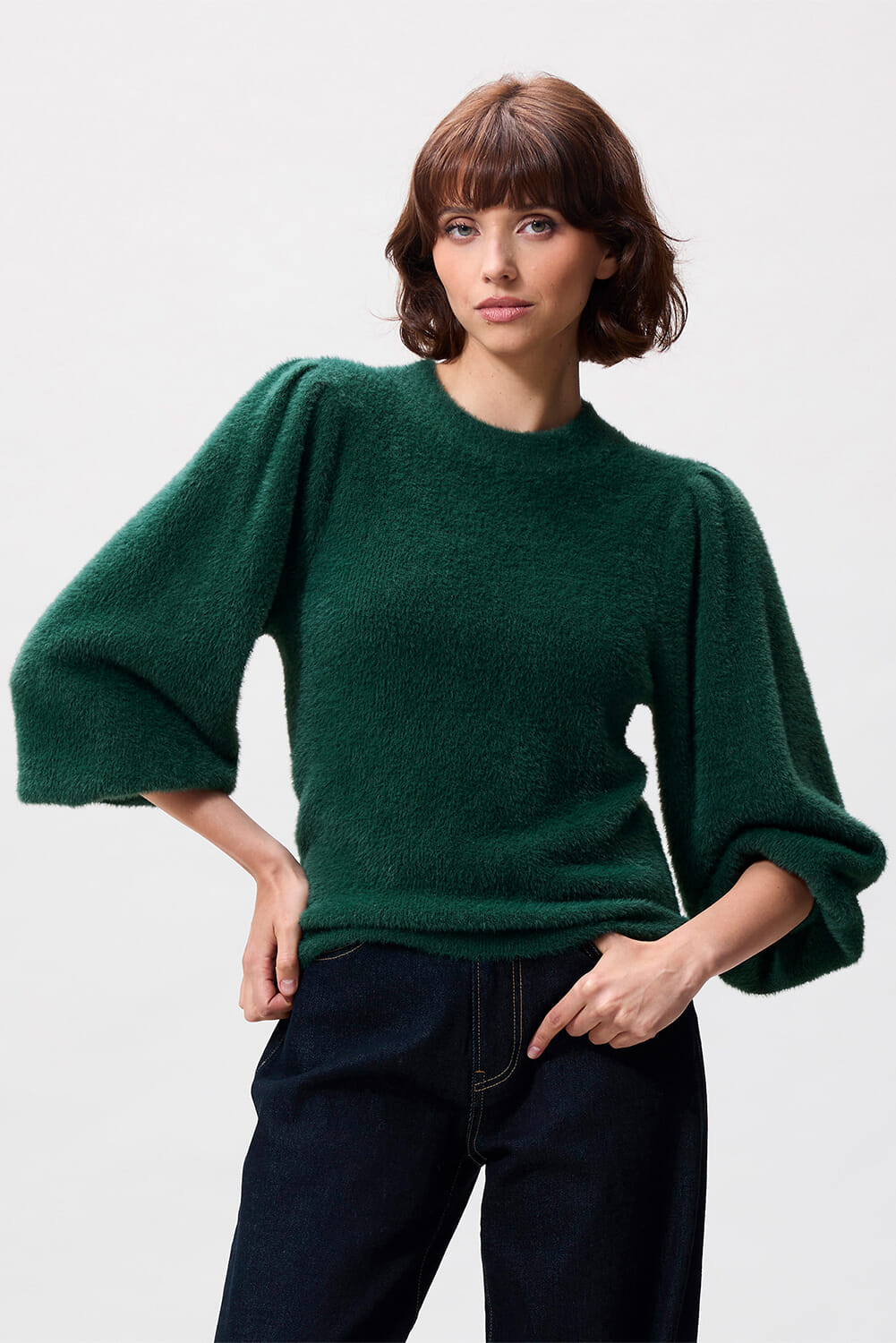 Catwalk Junkie Sweater Fuzzy Puff Mouw Groen