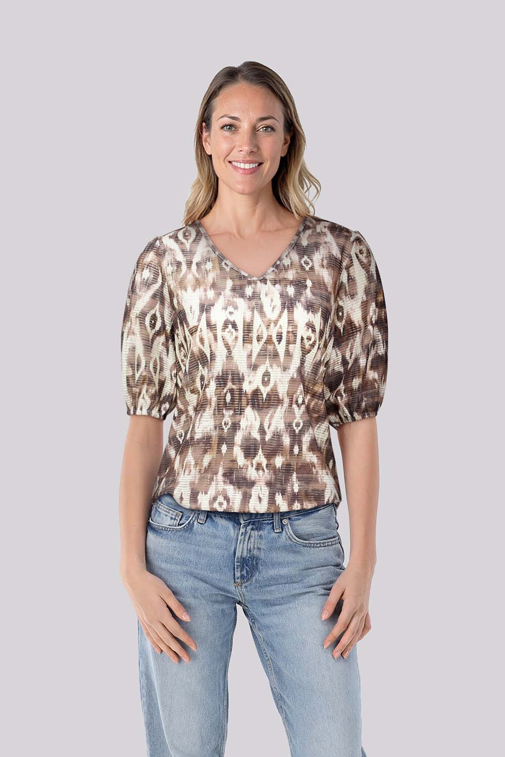 Enjoy Blouson V-hals Korte Pofmouw Bruin