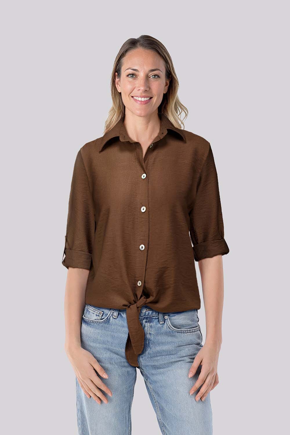 Enjoy Blouse Driekwart Turn-up Mouwen Bruin