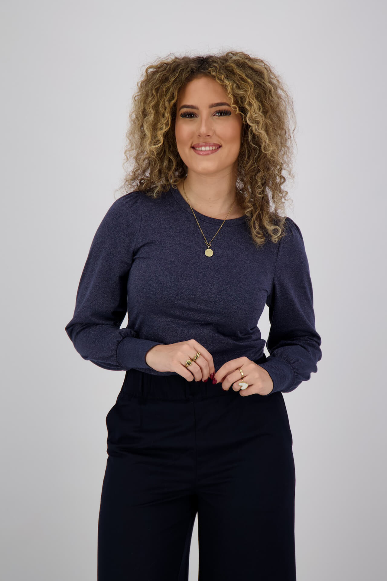 Zusss Top met Lange Mouw en Col Shimmer Blauw