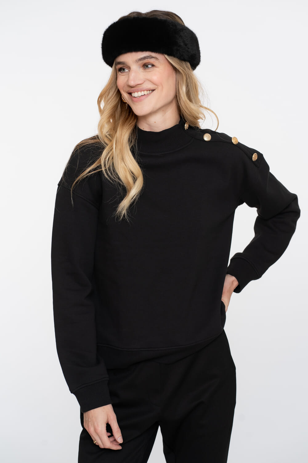 Geisha Sweater met Buttons op de Schouder Zwart