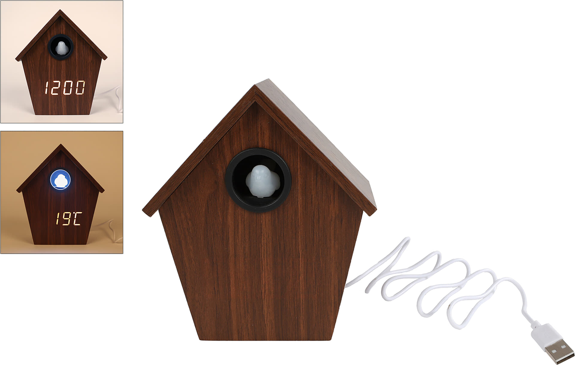 Bomont Collection Klok/wekker/thermometer Koekoek m/licht  9x6x15cm Bruin