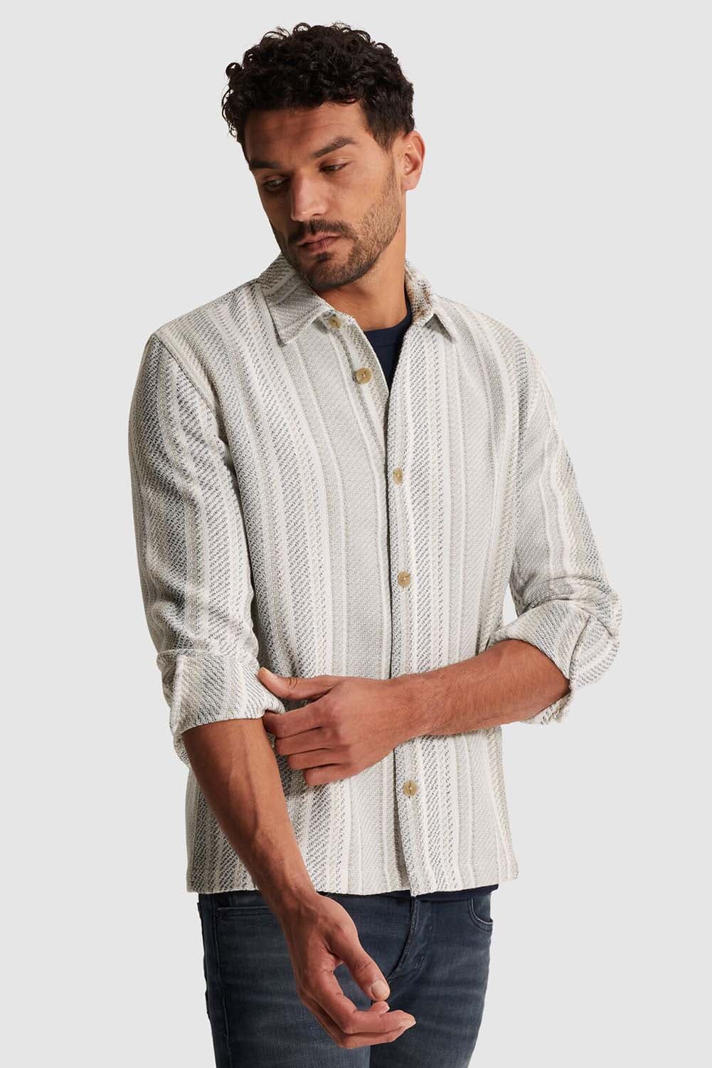 Cast Iron Overhemd Twill Slub Strip Crème