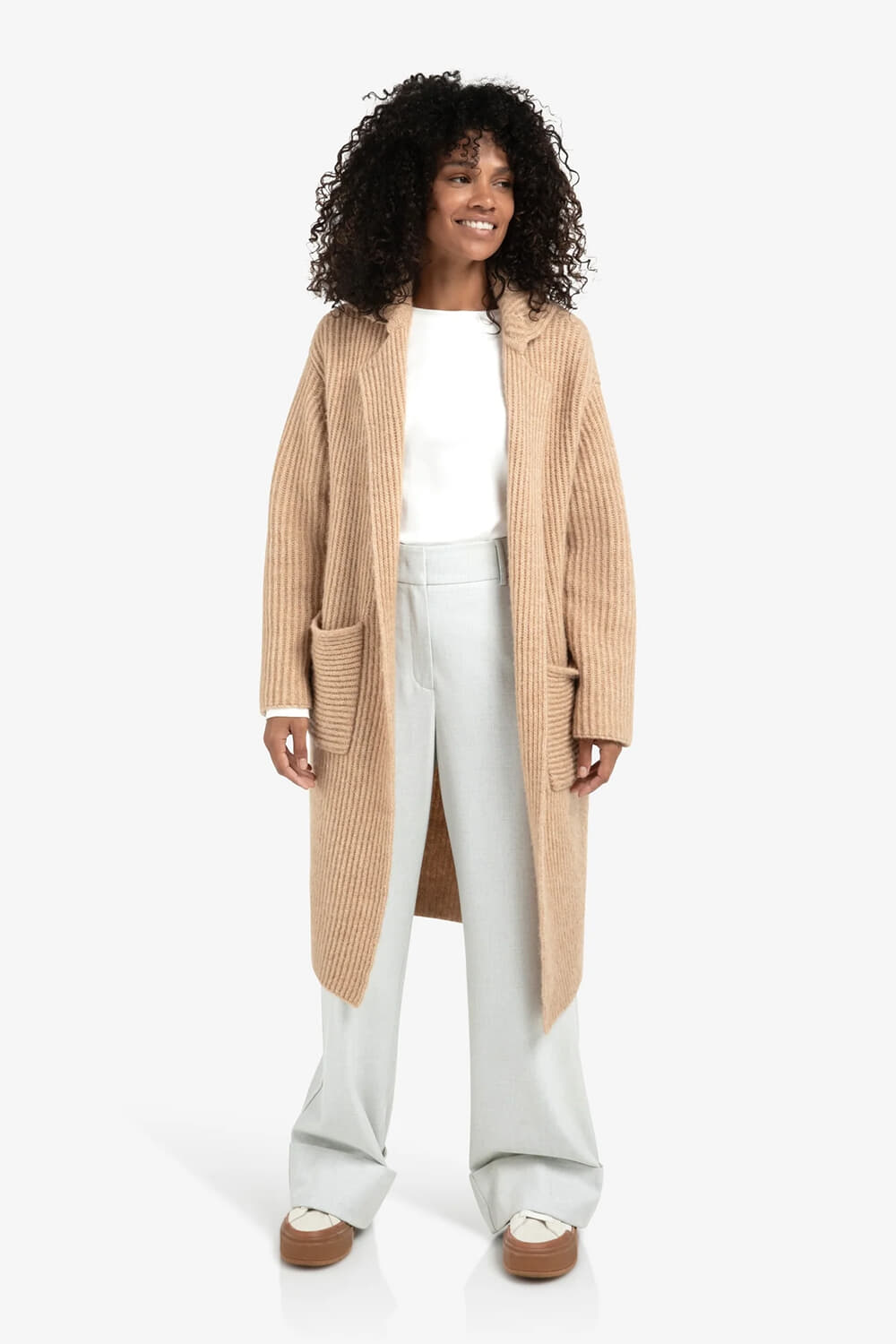 Yaya Lang grofgebreid vest Camel