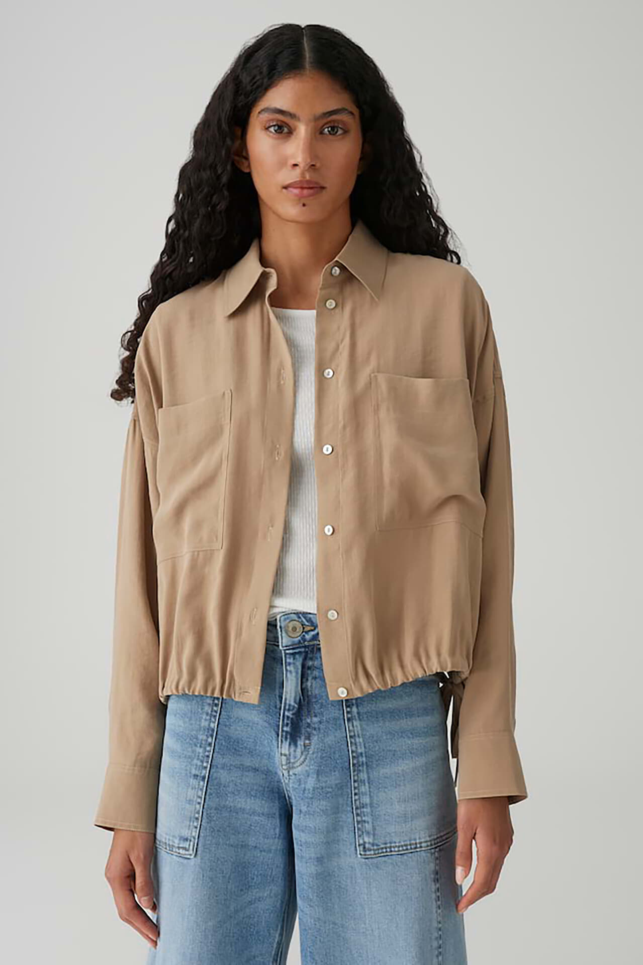 Opus Overhemdblouse Fiberta met strikdetail  Camel