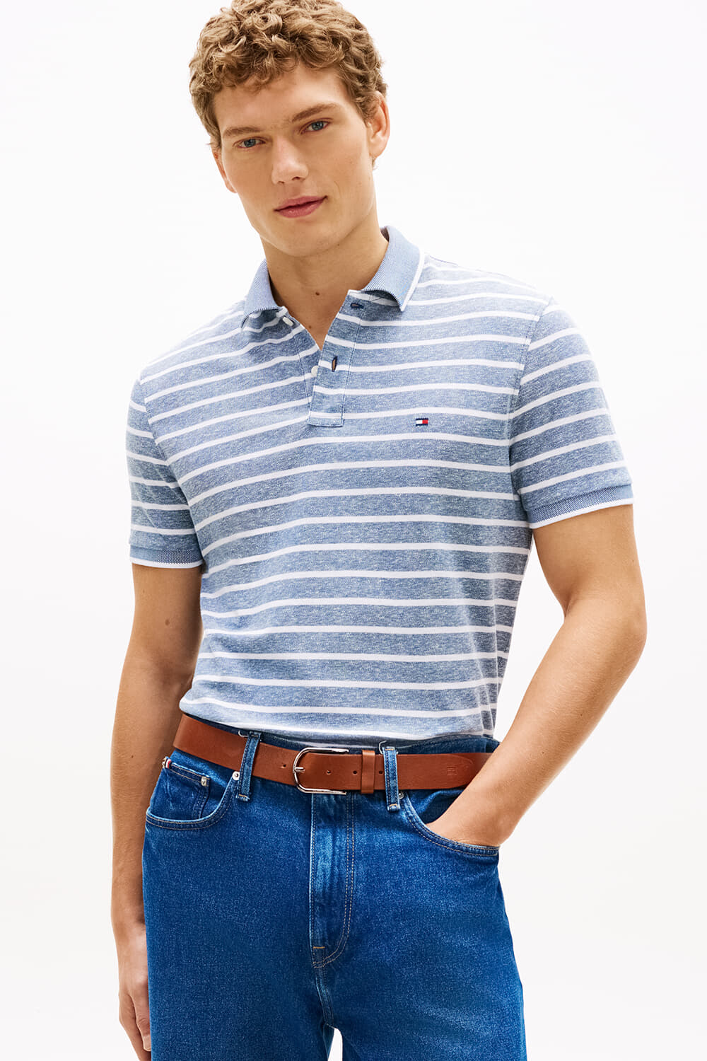 Tommy Hilfiger cotton linen pique polo Blauw