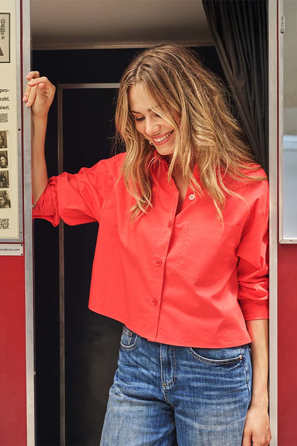 Esqualo Blouse cropped folded cuff Rood