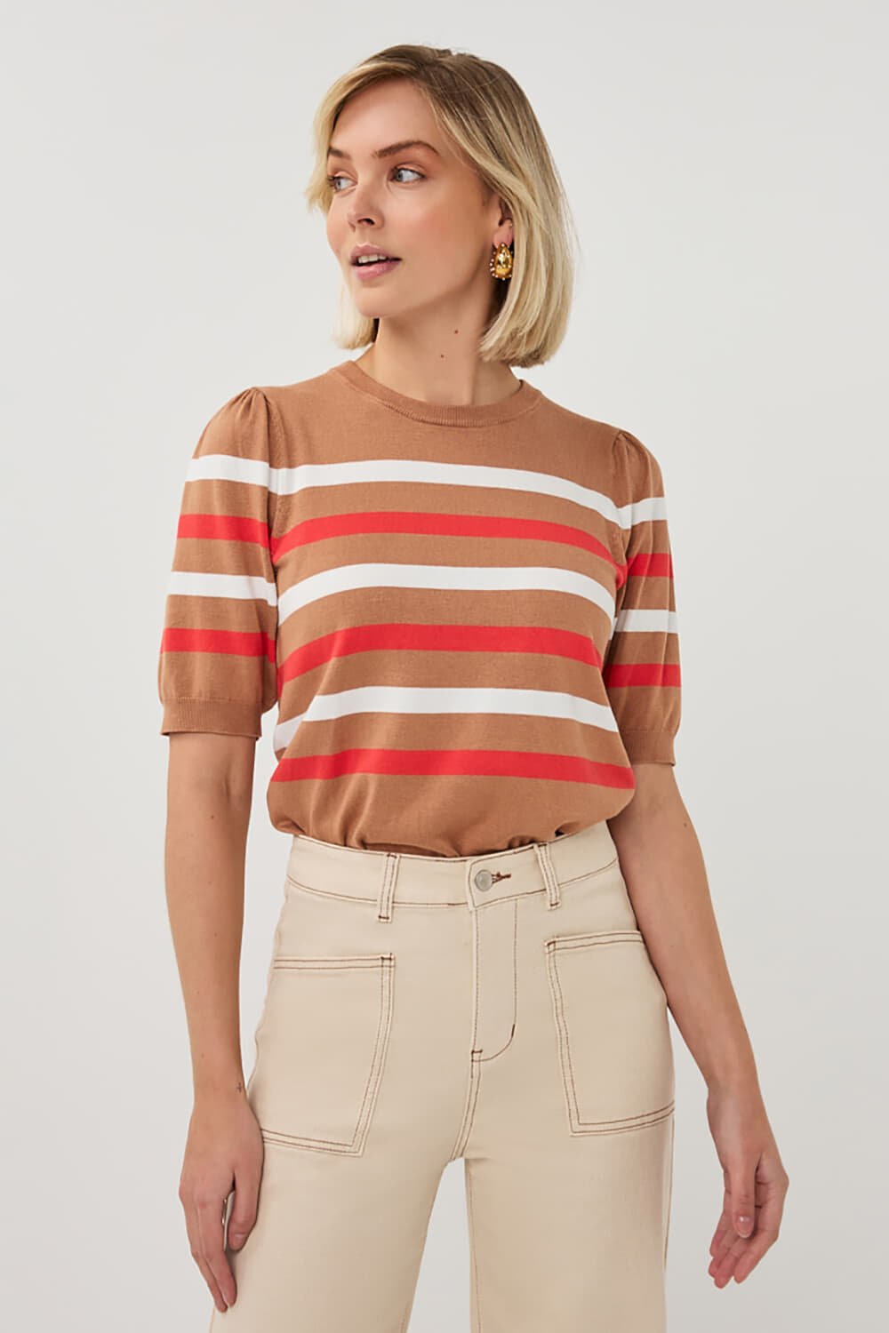 Esqualo Sweater puff slve striped knit Bruin