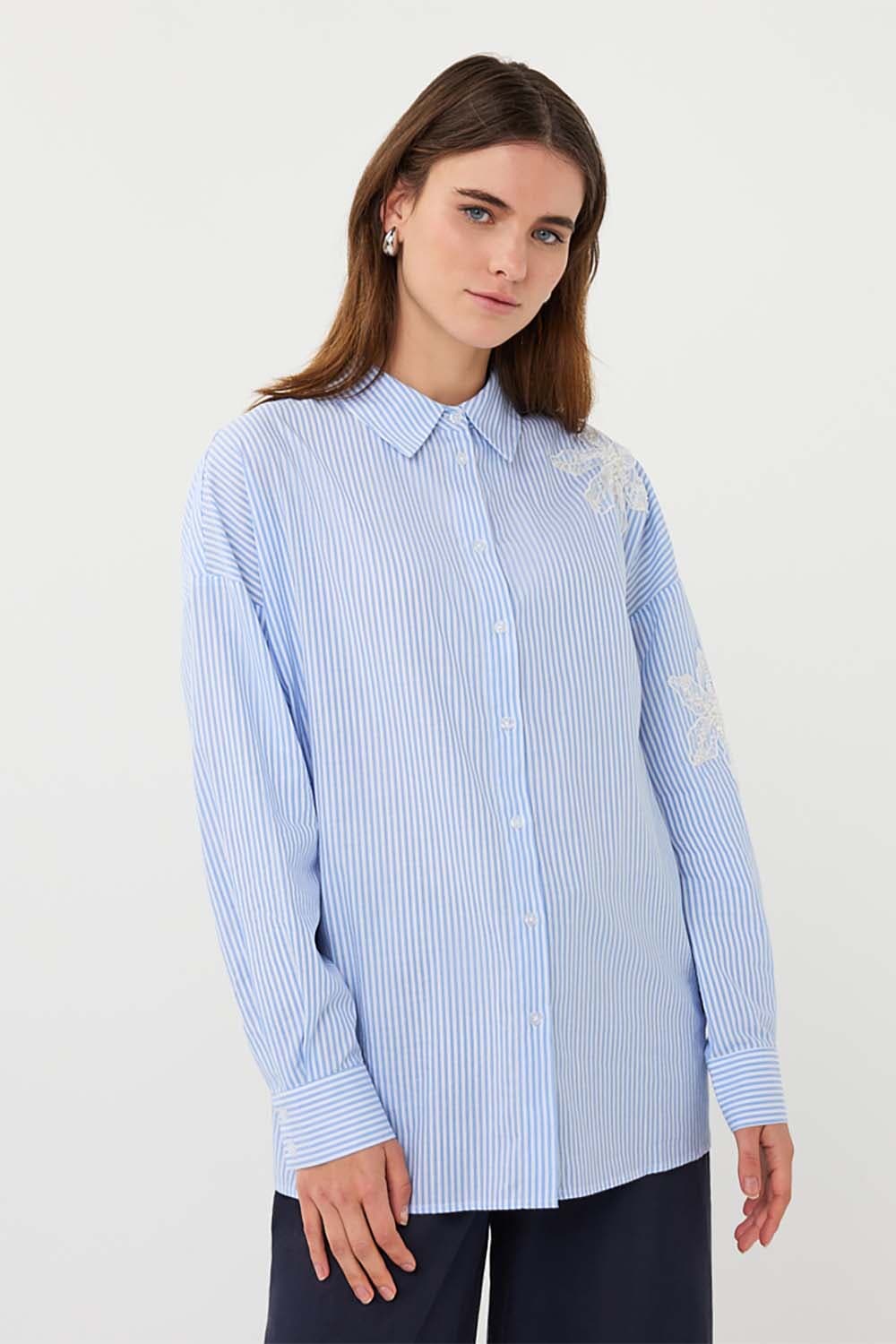 Esqualo Blouse Striped Flower patch Wit