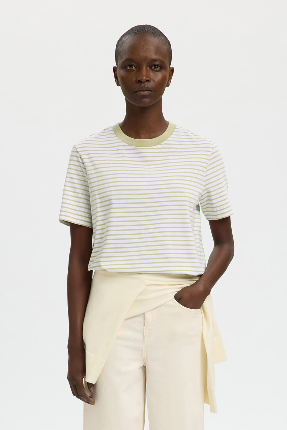 Selected Femme T-shirt Essential Striped Boxy Groen