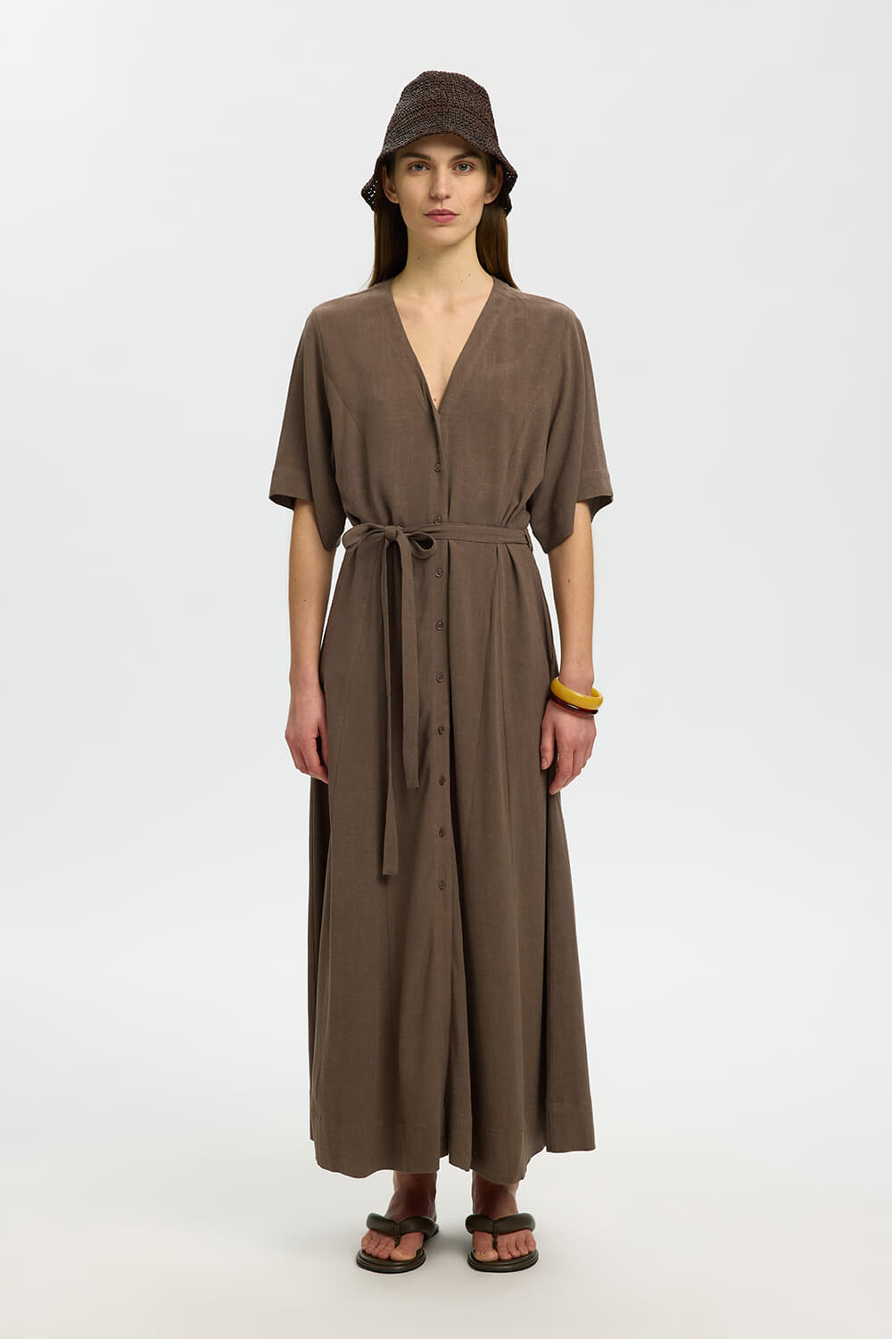 Selected Femme Jurk Viva Regular Linnen Blend Bruin