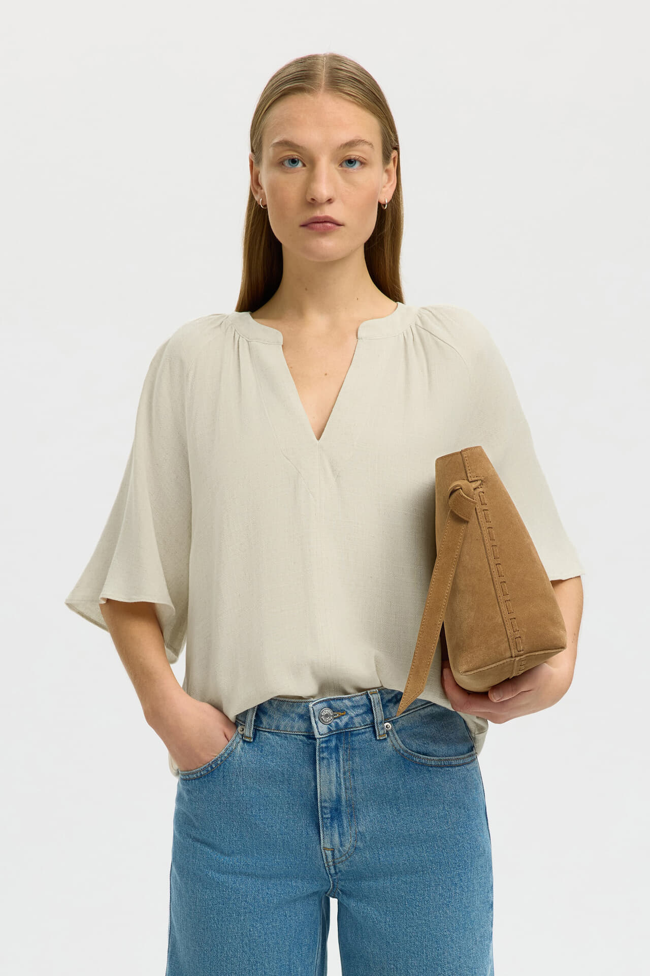 Selected Femme Blouse Viva V-neck Linnen Blend Beige