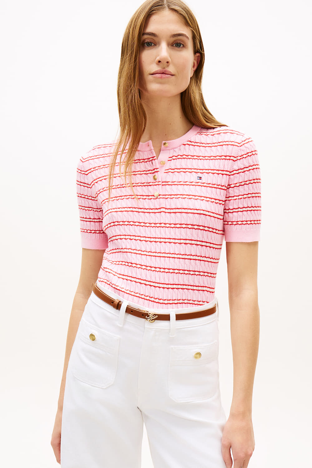 Tommy Hilfiger Fijne Kabeltrui Henley Roze