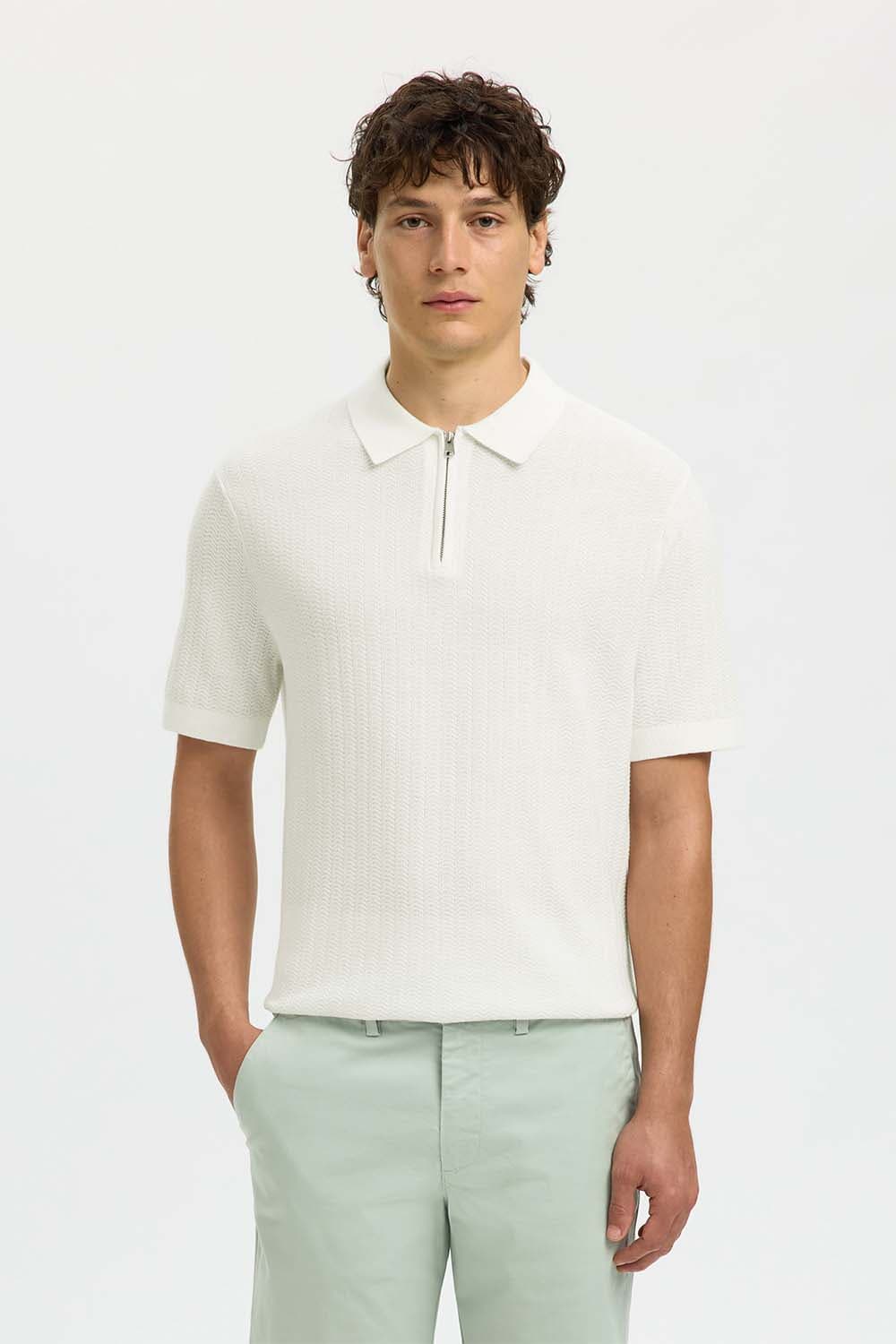 Selected Homme SLHCRAN SS KNIT STRUCTURE ZIP POLO Off White