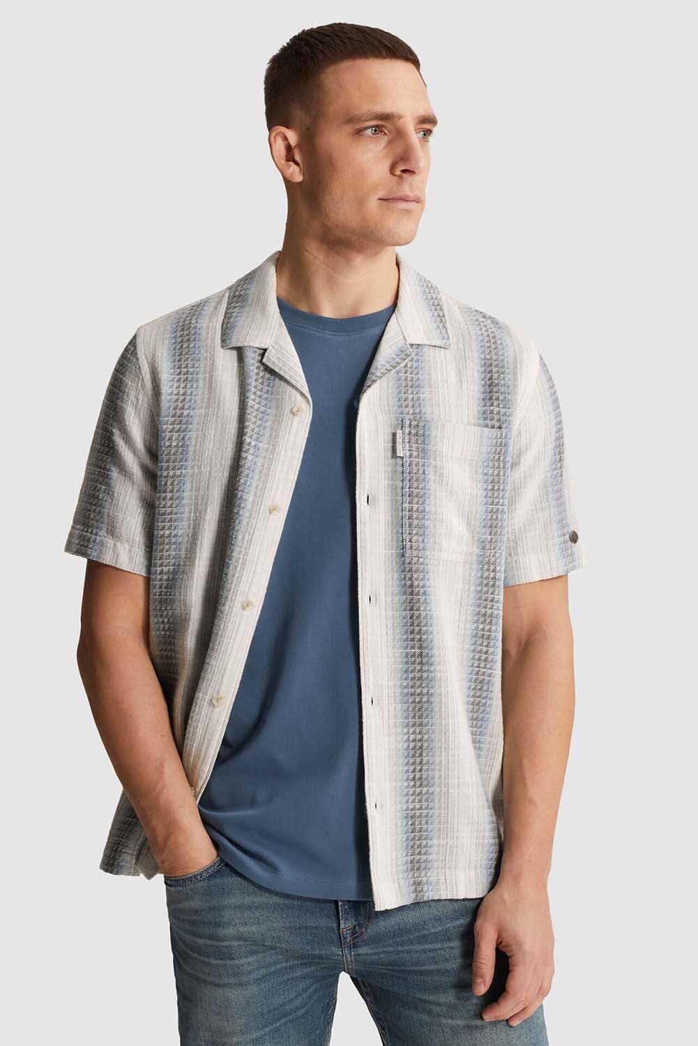 Cast Iron Overhemd Stripe Fancy Open Yarn dyed Blauw