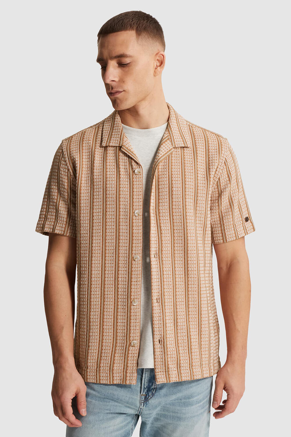Cast Iron Overhemd Yarn dye stripe Beige