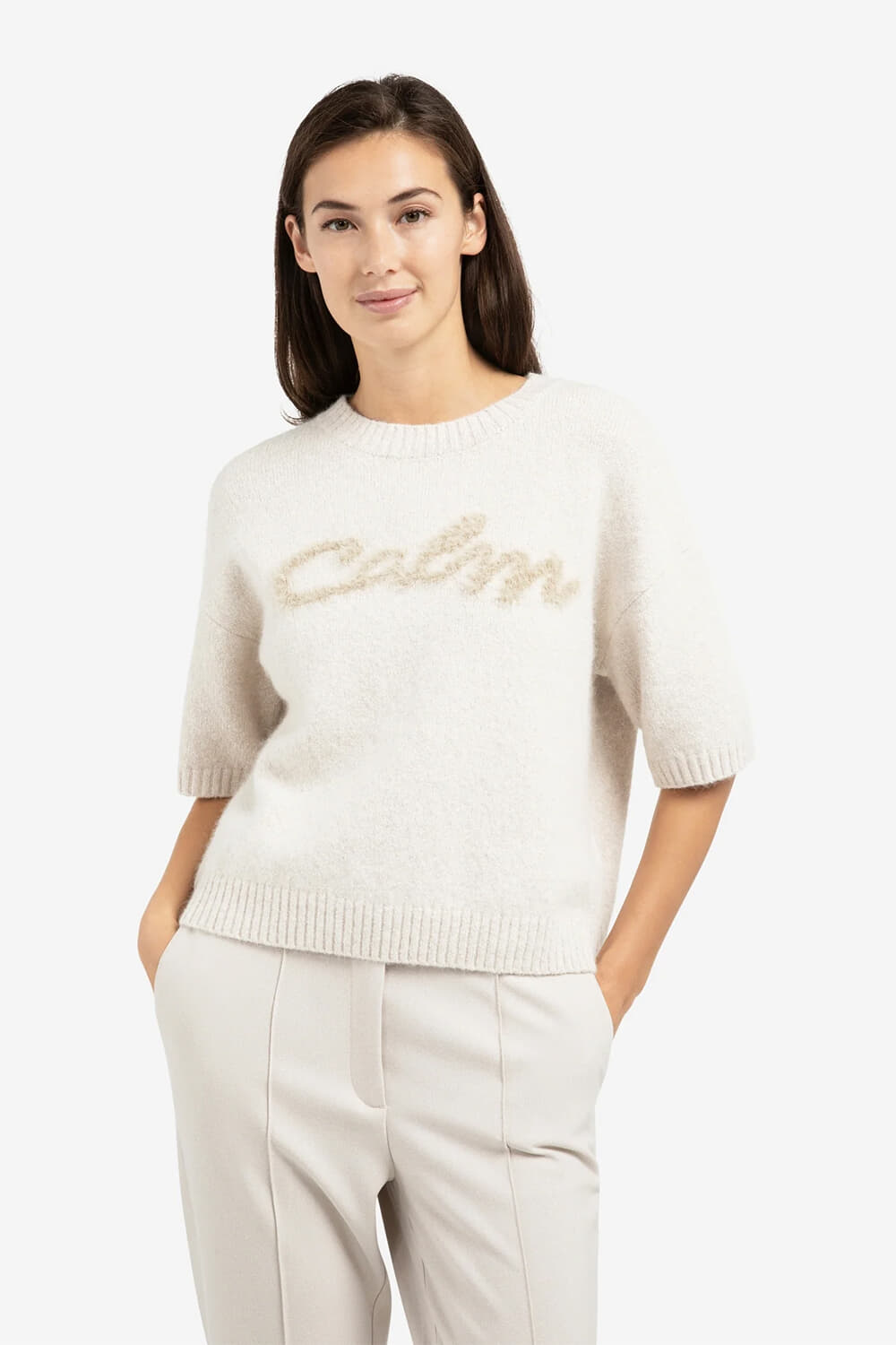 Yaya Gebreide trui met fluffy tekst Grijs