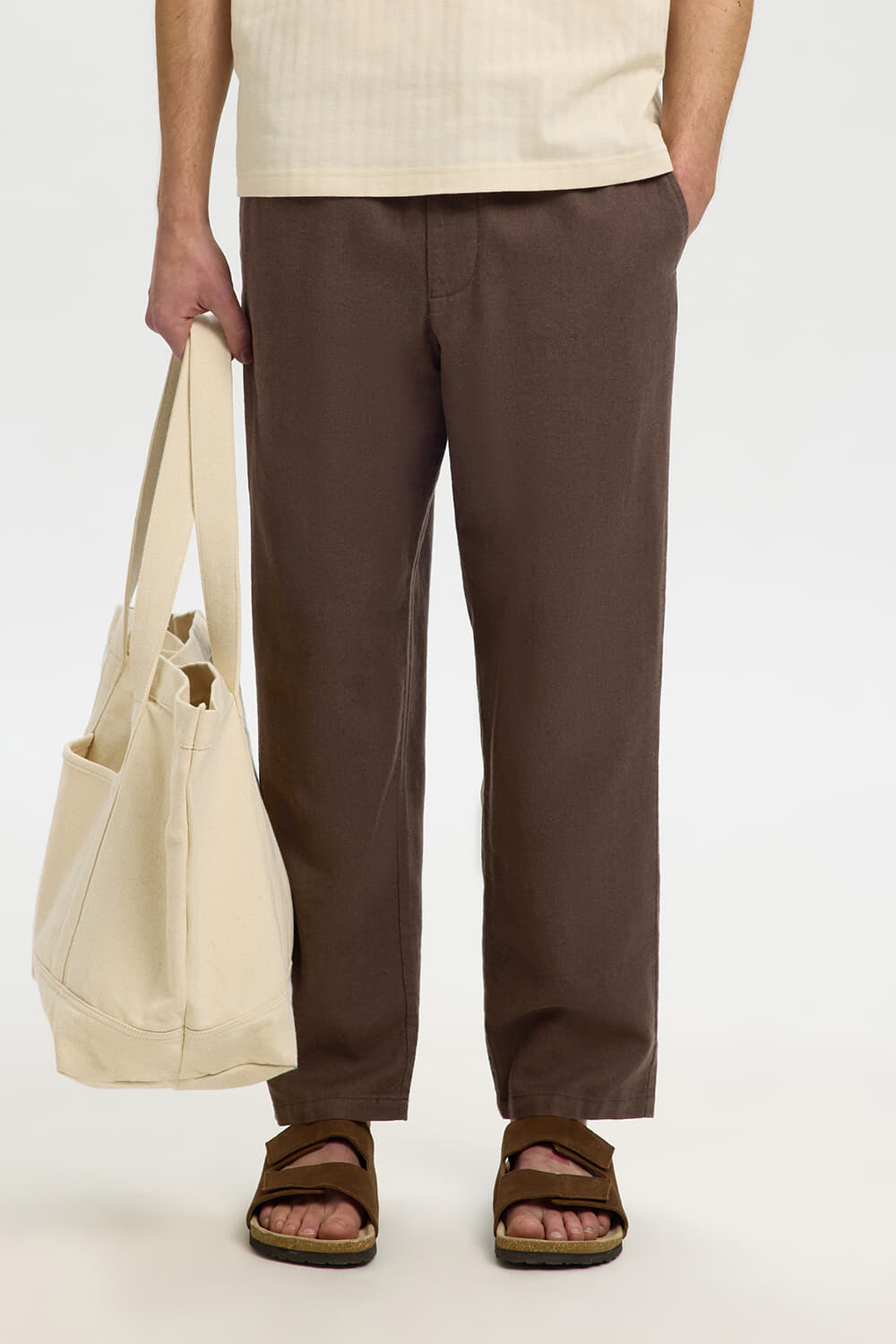 Selected Homme Broek Harvey Linnen blend Bruin