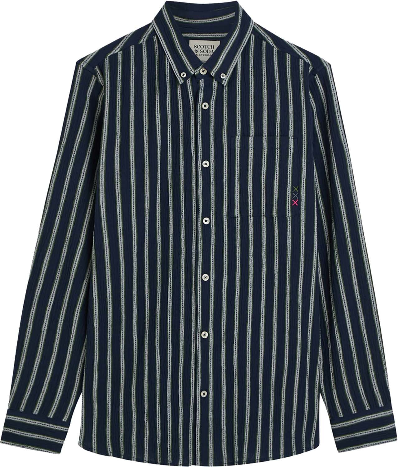 Scotch & Soda Overshirt Striped crinkle structure regular Army