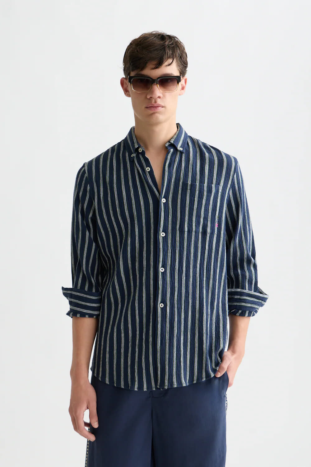 Scotch & Soda Overshirt Striped crinkle structure regular Army
