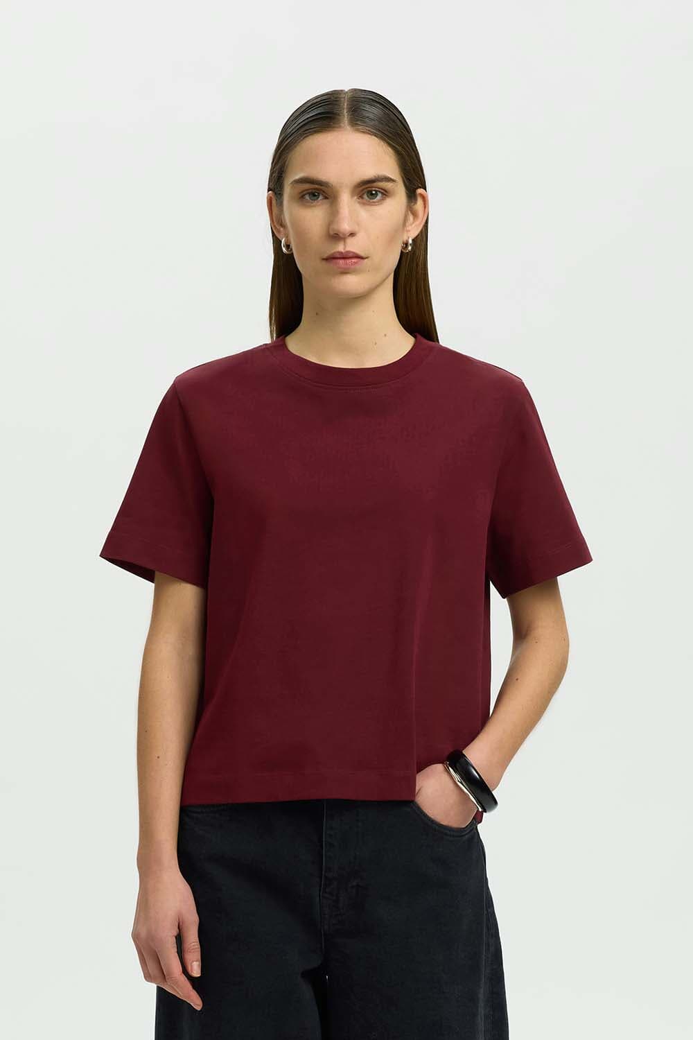 Selected Femme T-shirt Essential Boxy Bordeaux Rood