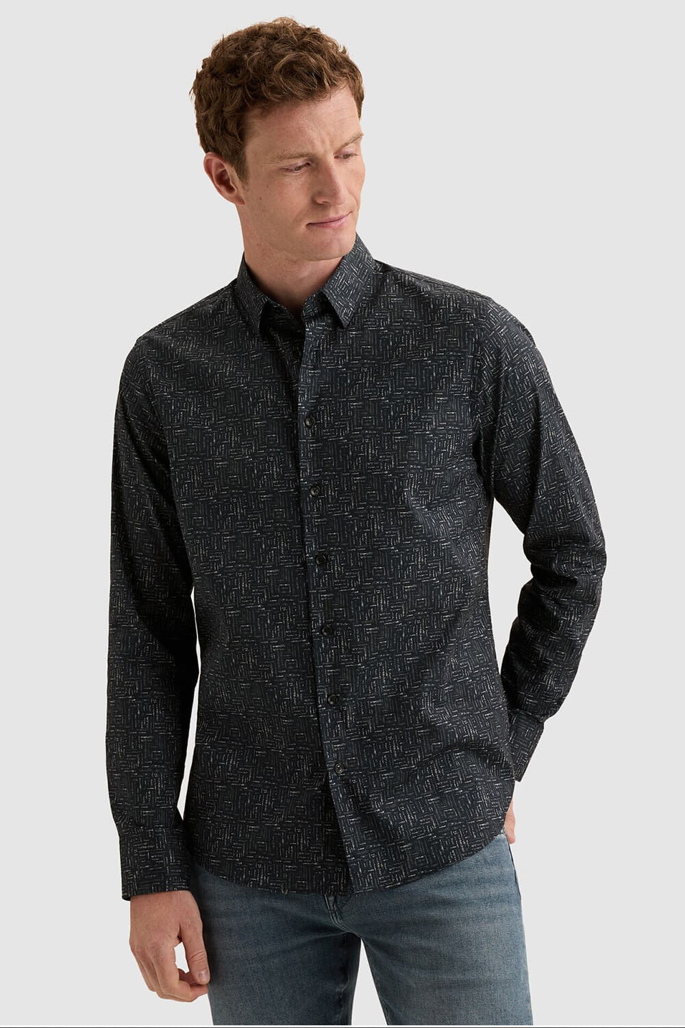 Vanguard Overhemd van poplin met stretch en allover print Navy